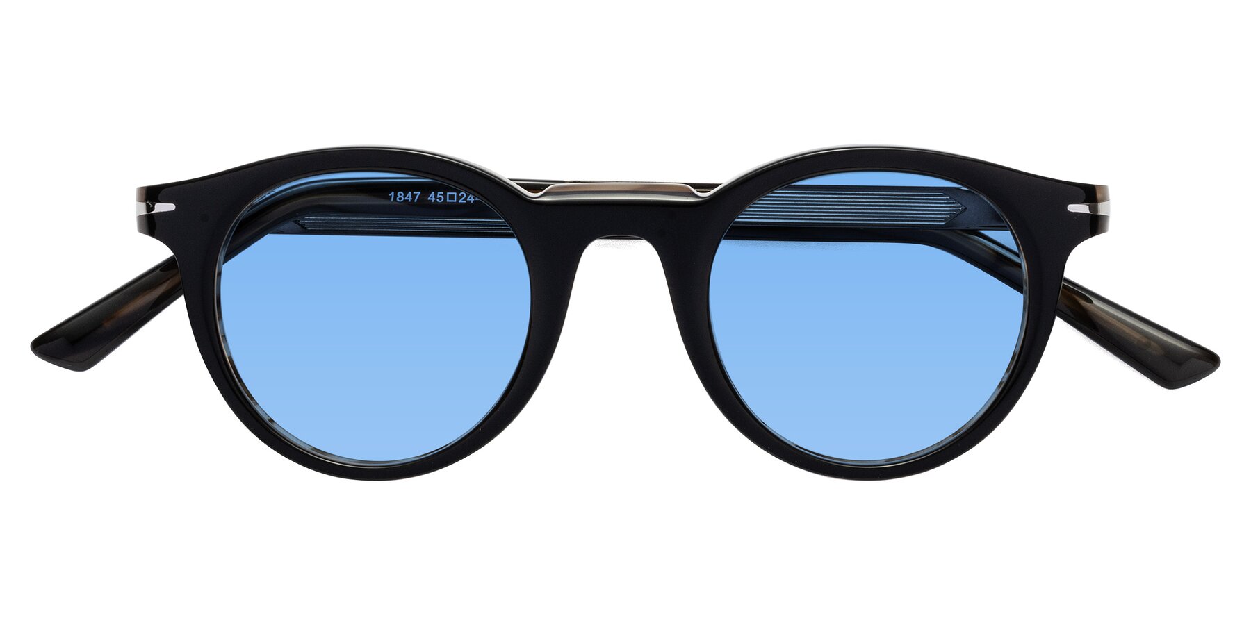 Folded Front of Cycle in Black-Gray Moonstone with Medium Blue Tinted Lenses