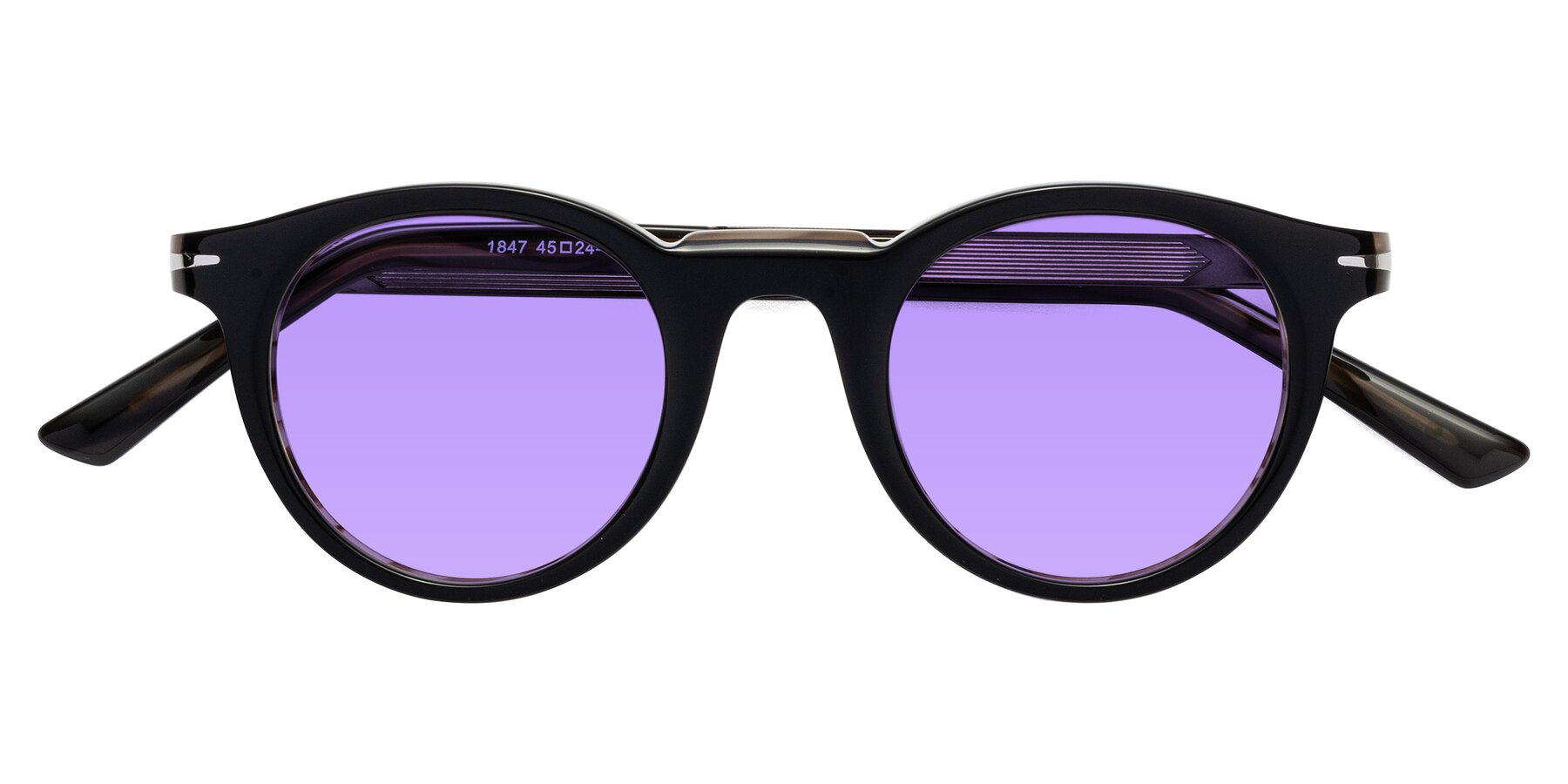 Folded Front of Cycle in Black-Gray Moonstone with Medium Purple Tinted Lenses