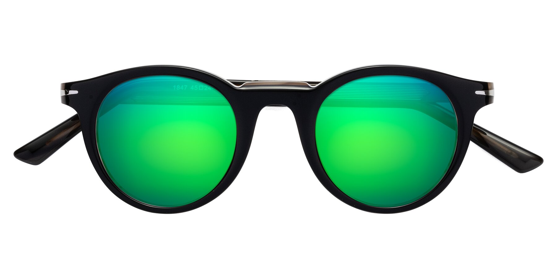 Folded Front of Cycle in Black-Gray Moonstone with Green Mirrored Lenses