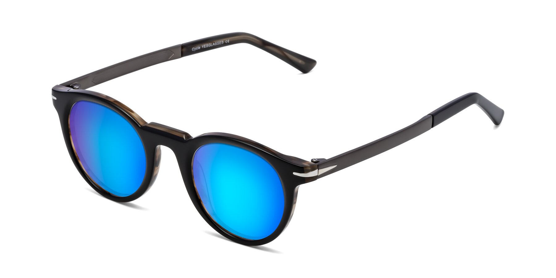 Angle of Cycle in Black-Gray Moonstone with Blue Mirrored Lenses
