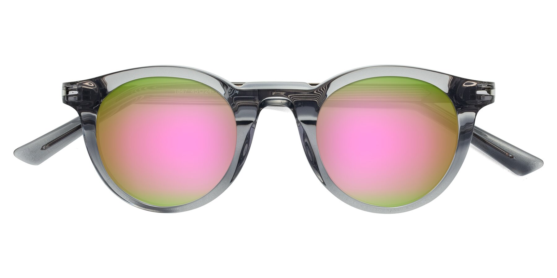 Folded Front of Cycle in Transparent Gray with Pink Mirrored Lenses