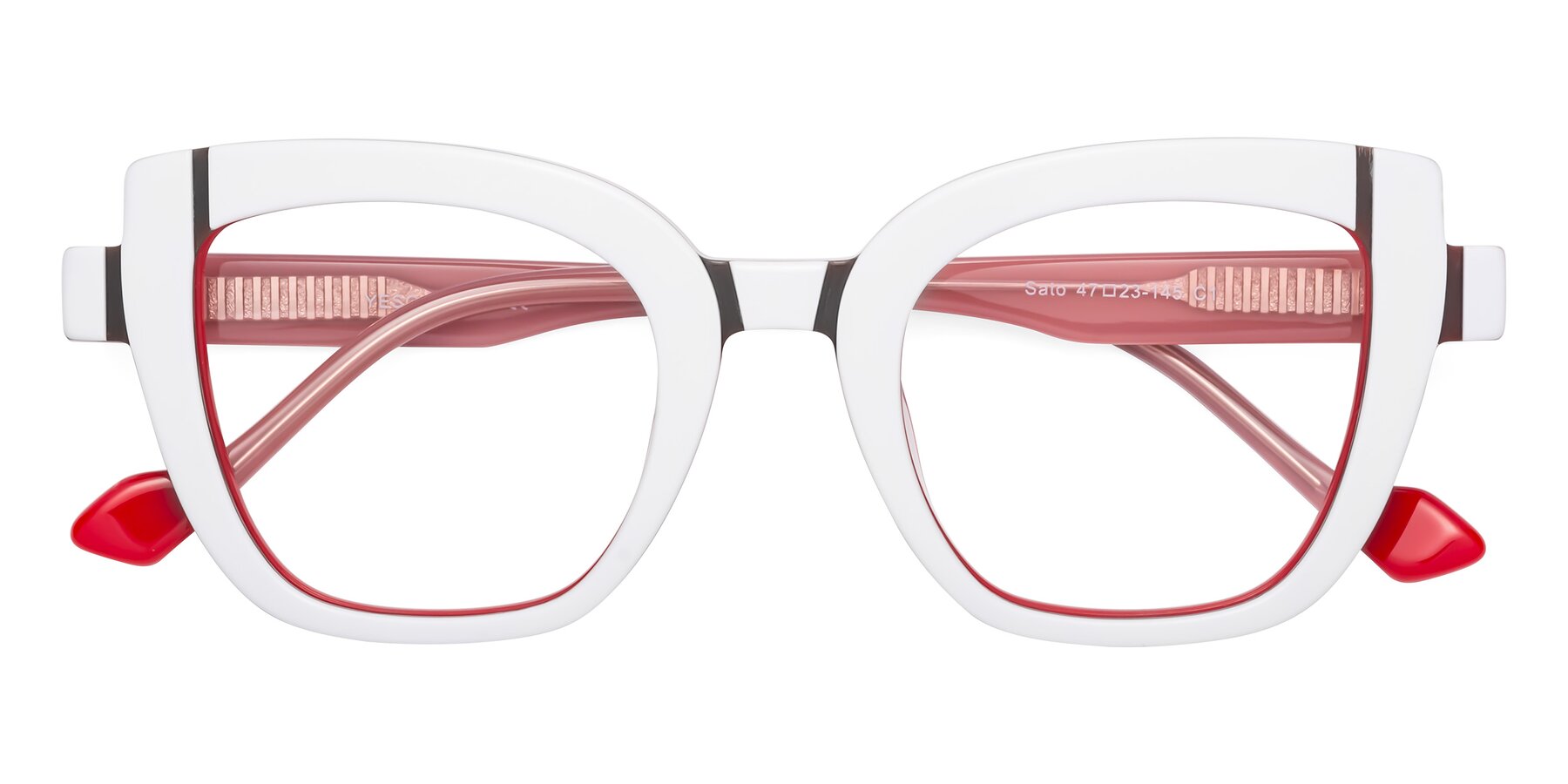 Folded Front of Sato in White-Red with Clear Eyeglass Lenses