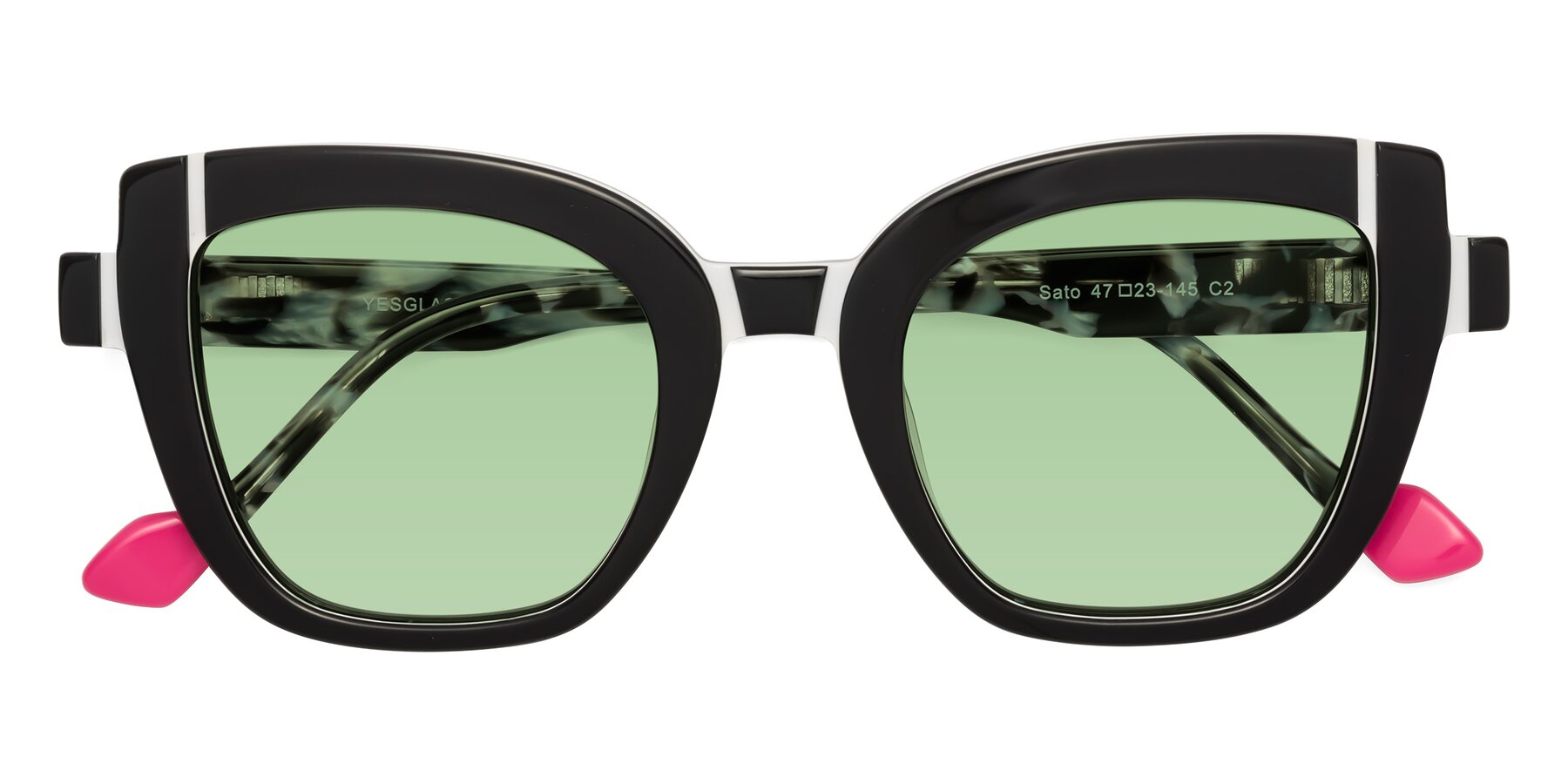 Folded Front of Sato in Black-White with Medium Green Tinted Lenses