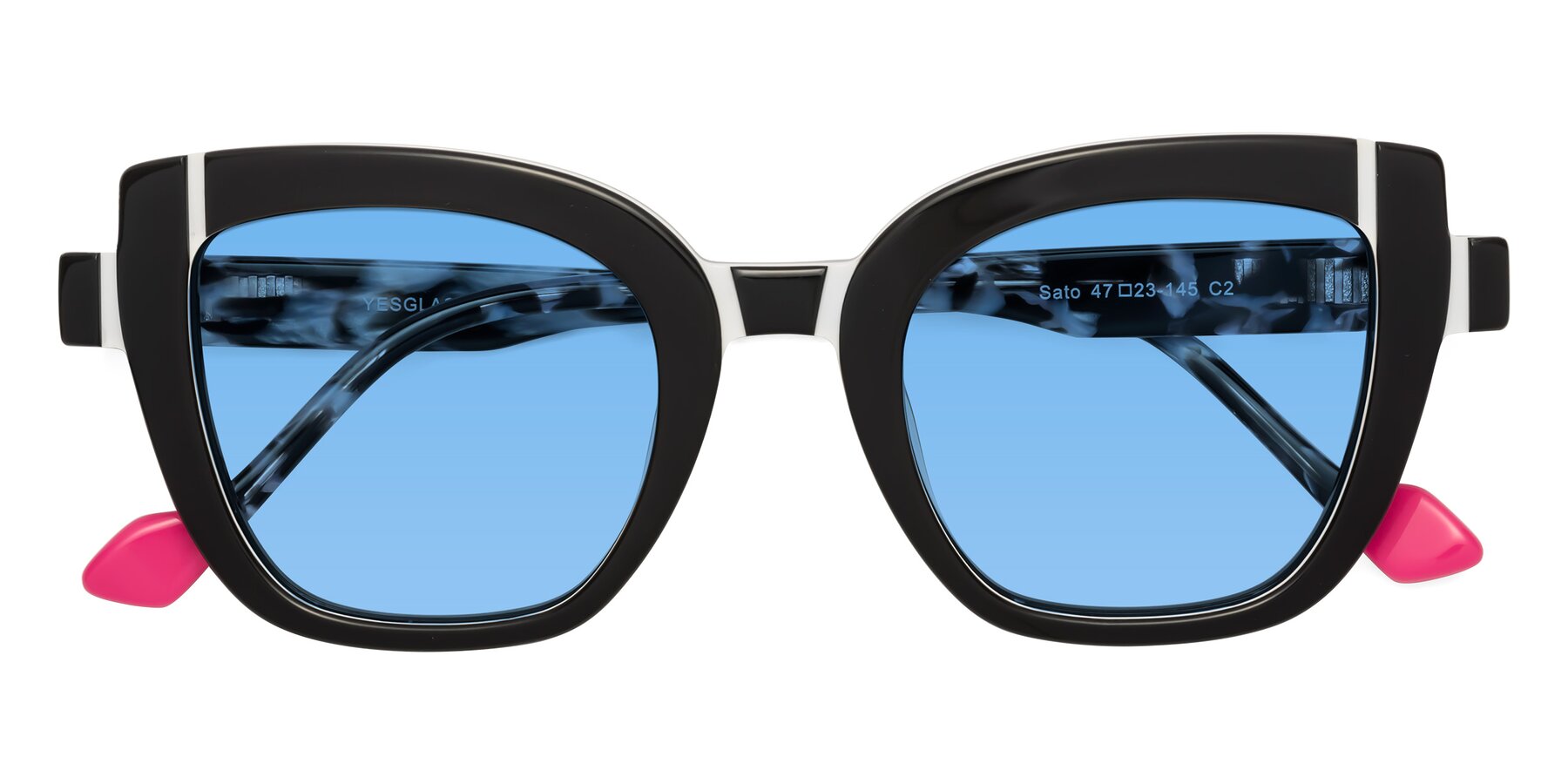Folded Front of Sato in Black-White with Medium Blue Tinted Lenses