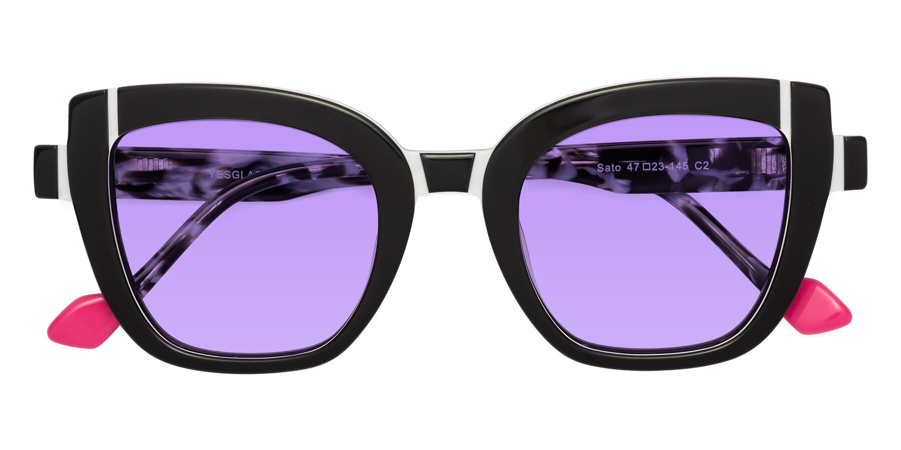 Folded Front of Sato in Black-White with Medium Purple Tinted Lenses