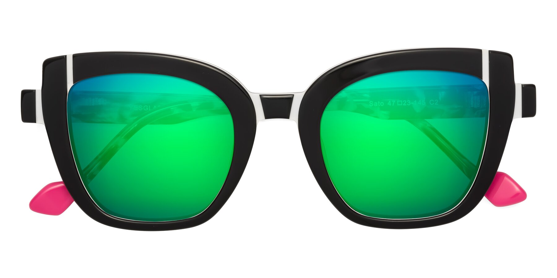 Folded Front of Sato in Black-White with Green Mirrored Lenses