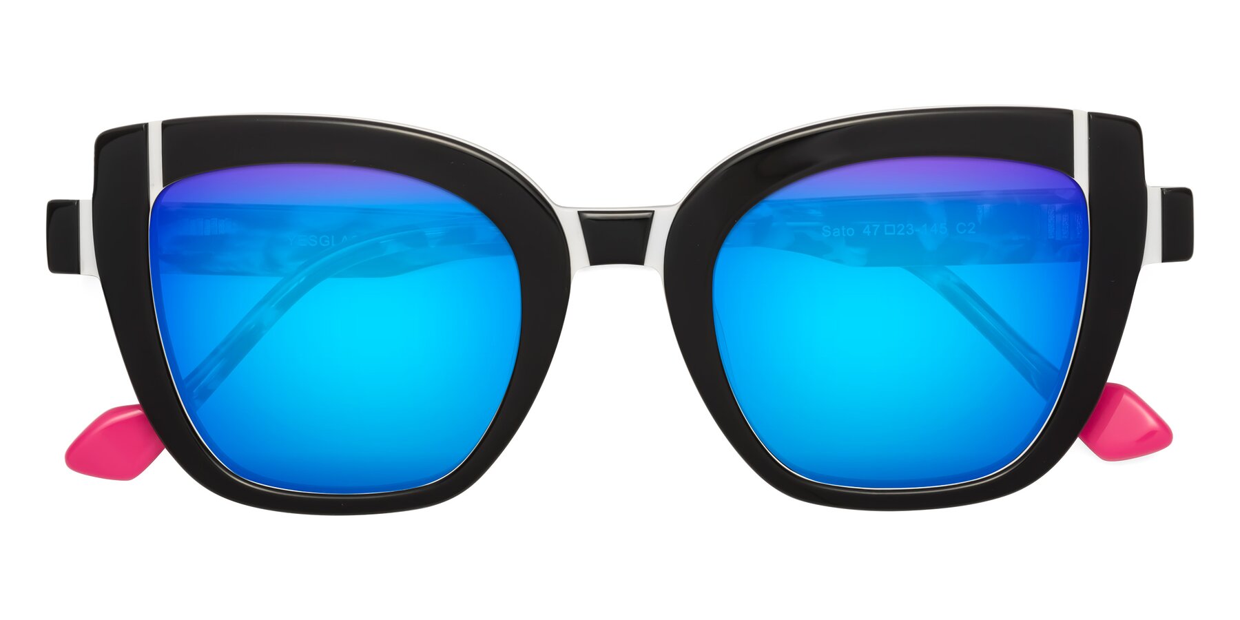 Folded Front of Sato in Black-White with Blue Mirrored Lenses