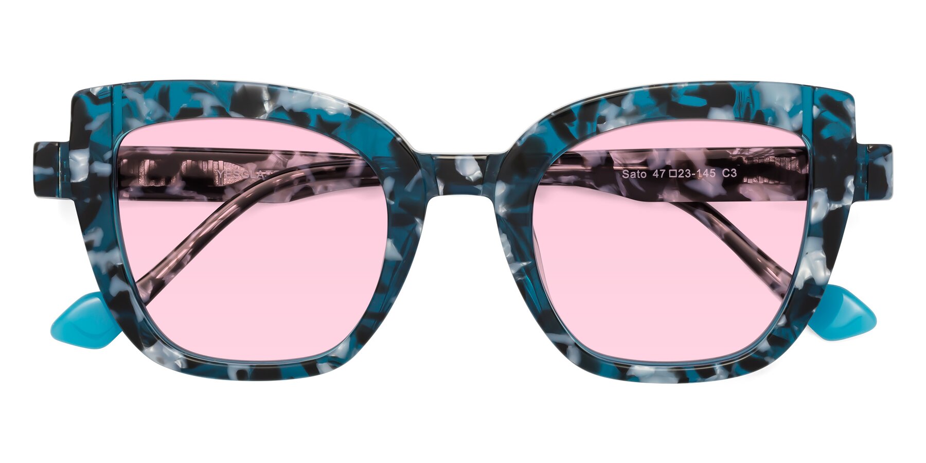 Folded Front of Sato in Tortoise Blue with Light Pink Tinted Lenses