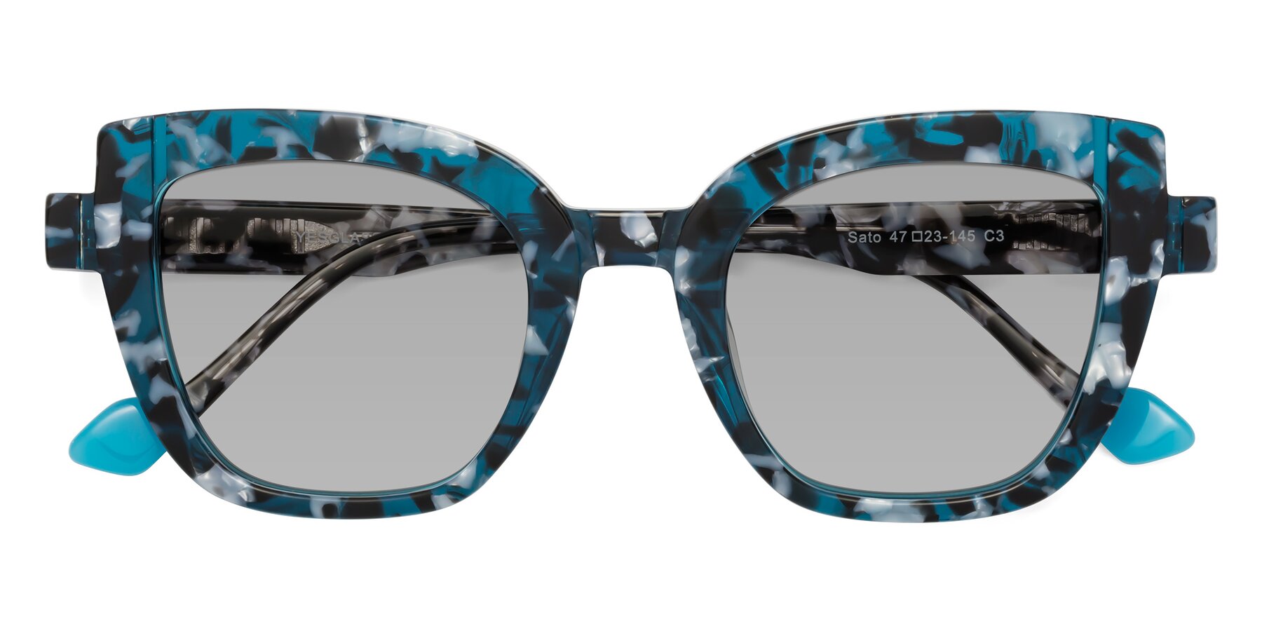 Folded Front of Sato in Tortoise Blue with Light Gray Tinted Lenses