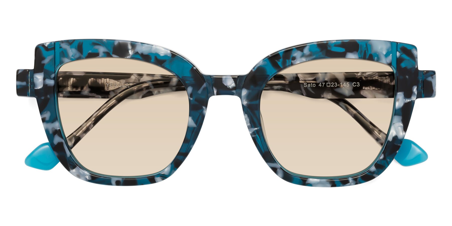 Folded Front of Sato in Tortoise Blue with Light Brown Tinted Lenses