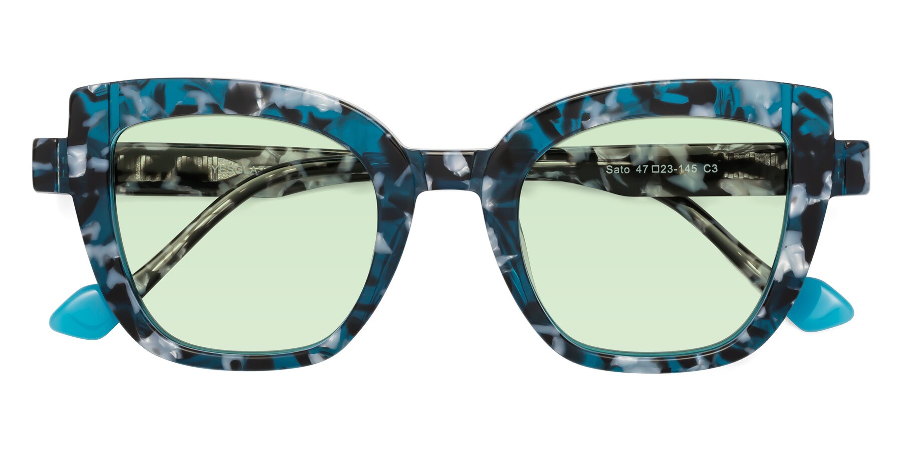 Folded Front of Sato in Tortoise Blue with Light Green Tinted Lenses