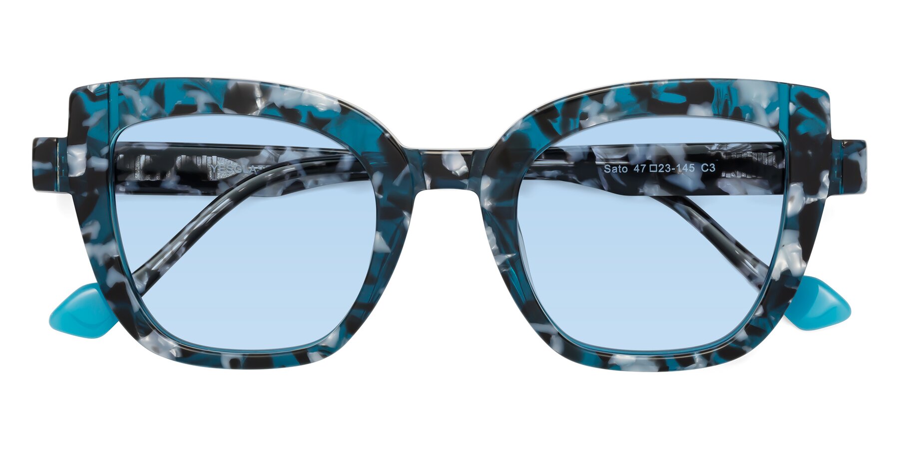 Folded Front of Sato in Tortoise Blue with Light Blue Tinted Lenses