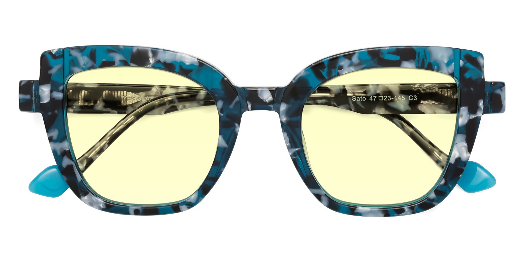 Folded Front of Sato in Tortoise Blue with Light Yellow Tinted Lenses