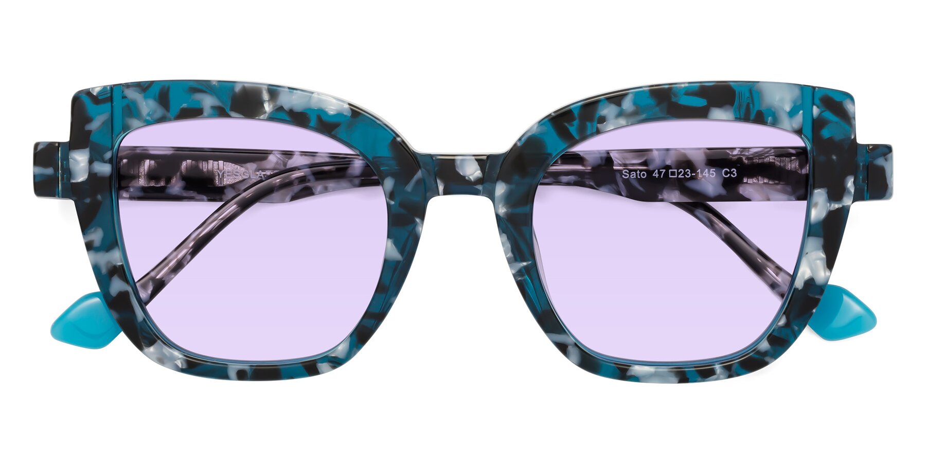 Folded Front of Sato in Tortoise Blue with Light Purple Tinted Lenses