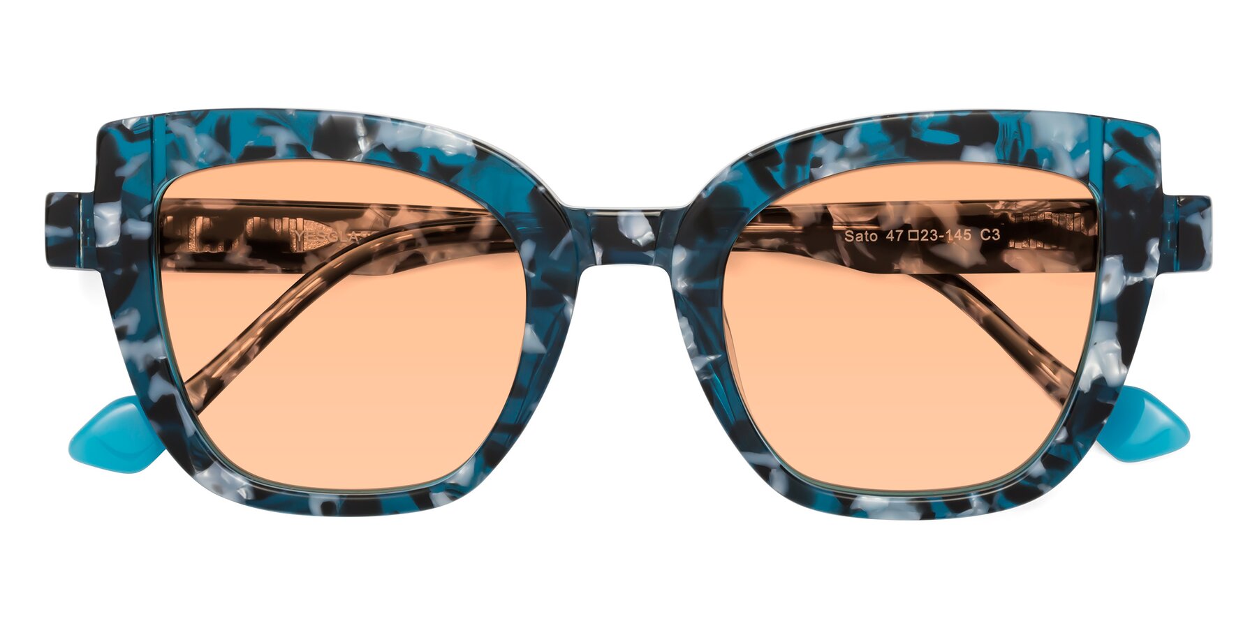 Folded Front of Sato in Tortoise Blue with Light Orange Tinted Lenses