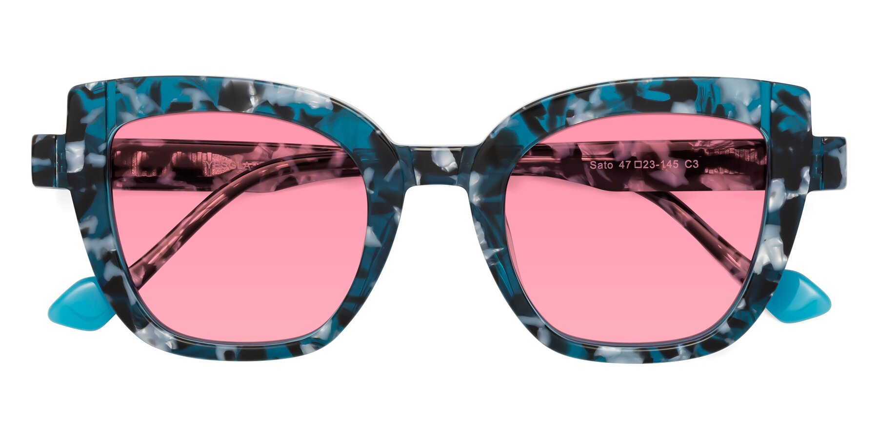 Folded Front of Sato in Tortoise Blue with Pink Tinted Lenses