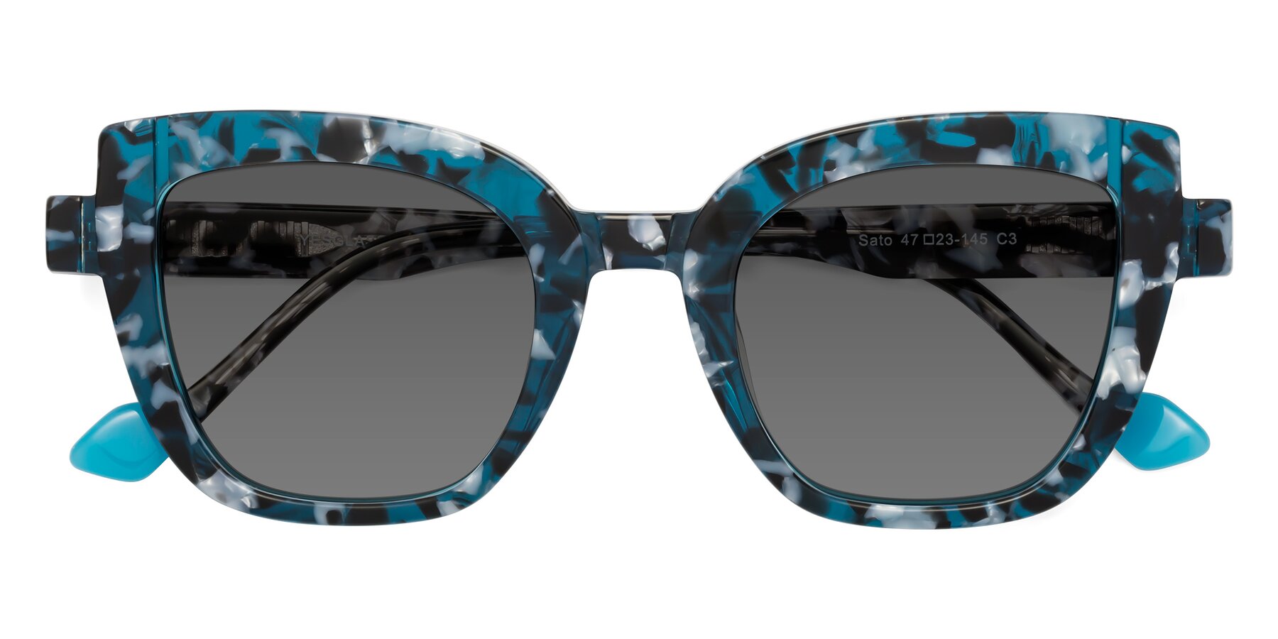 Folded Front of Sato in Tortoise Blue with Medium Gray Tinted Lenses