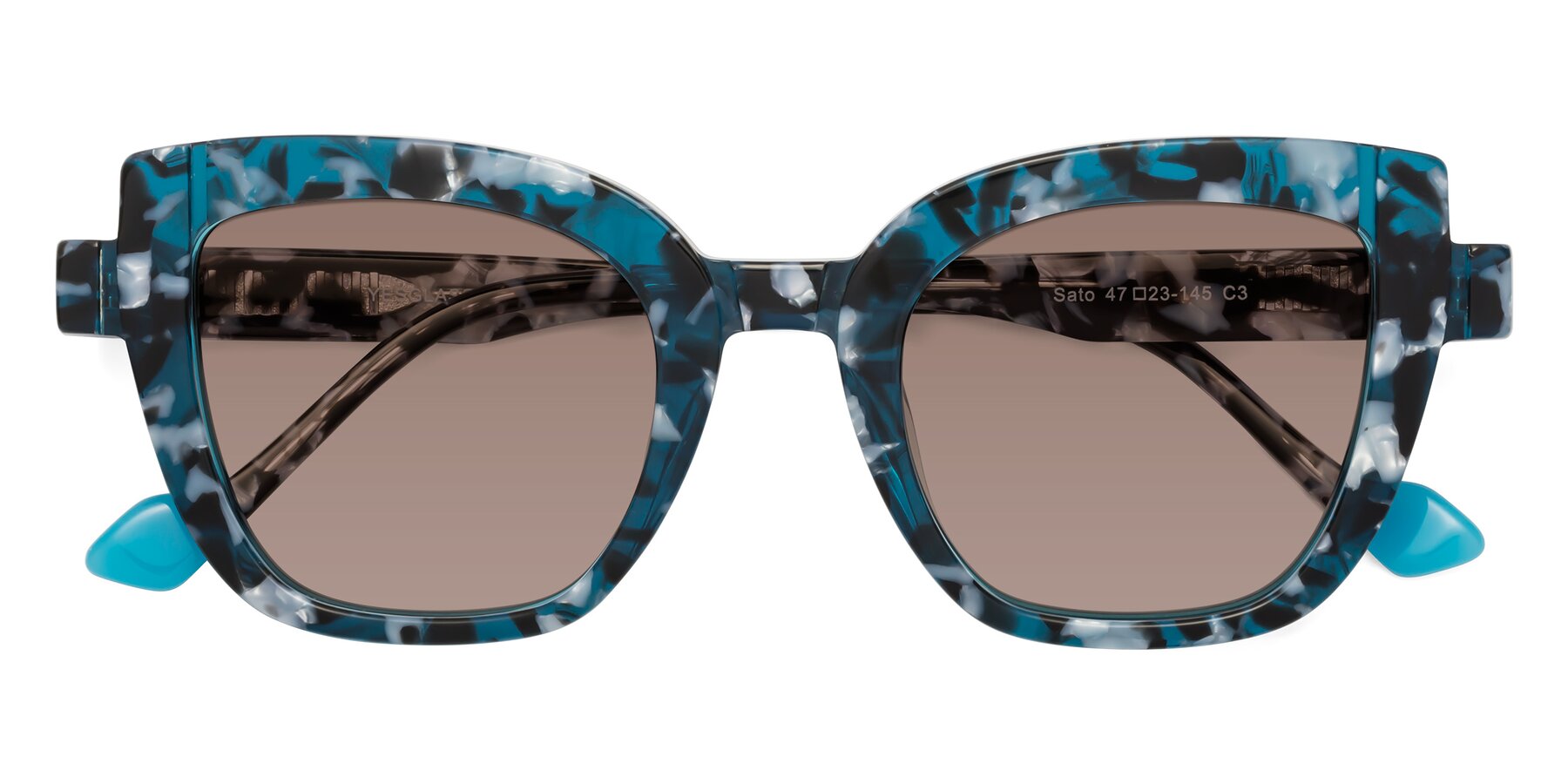 Folded Front of Sato in Tortoise Blue with Medium Brown Tinted Lenses