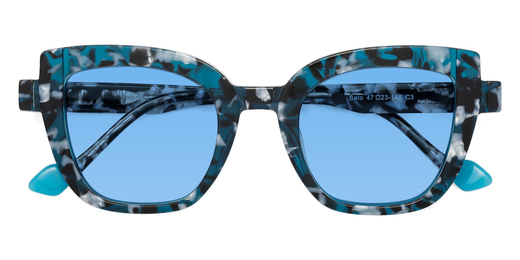 Folded Front of Sato in Tortoise Blue with Medium Blue Tinted Lenses