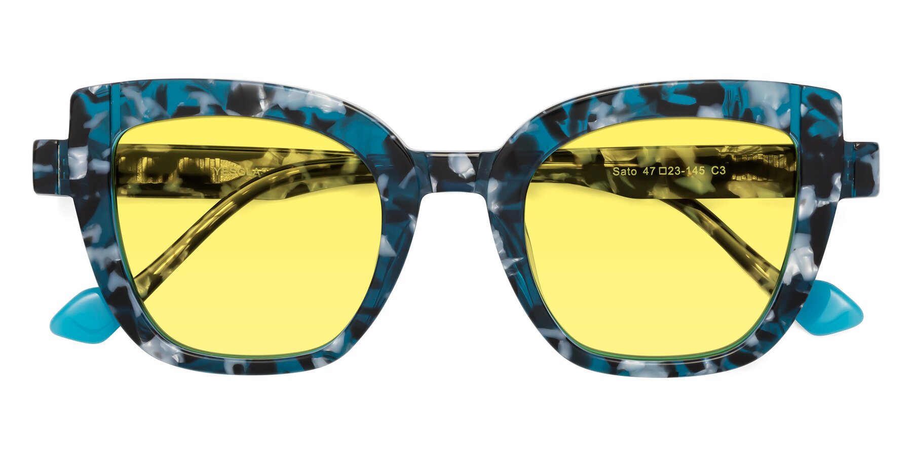 Folded Front of Sato in Tortoise Blue with Medium Yellow Tinted Lenses