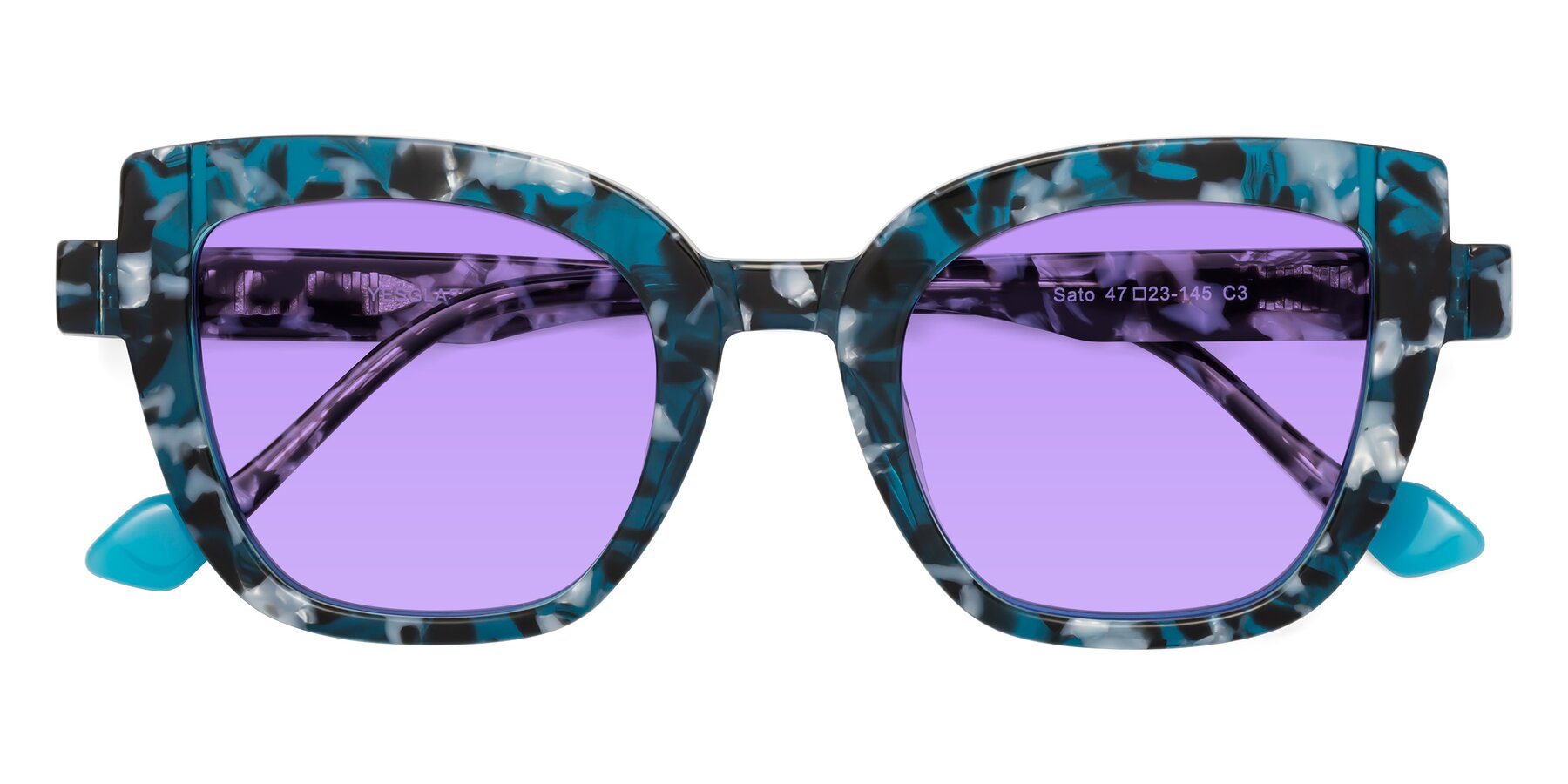 Folded Front of Sato in Tortoise Blue with Medium Purple Tinted Lenses