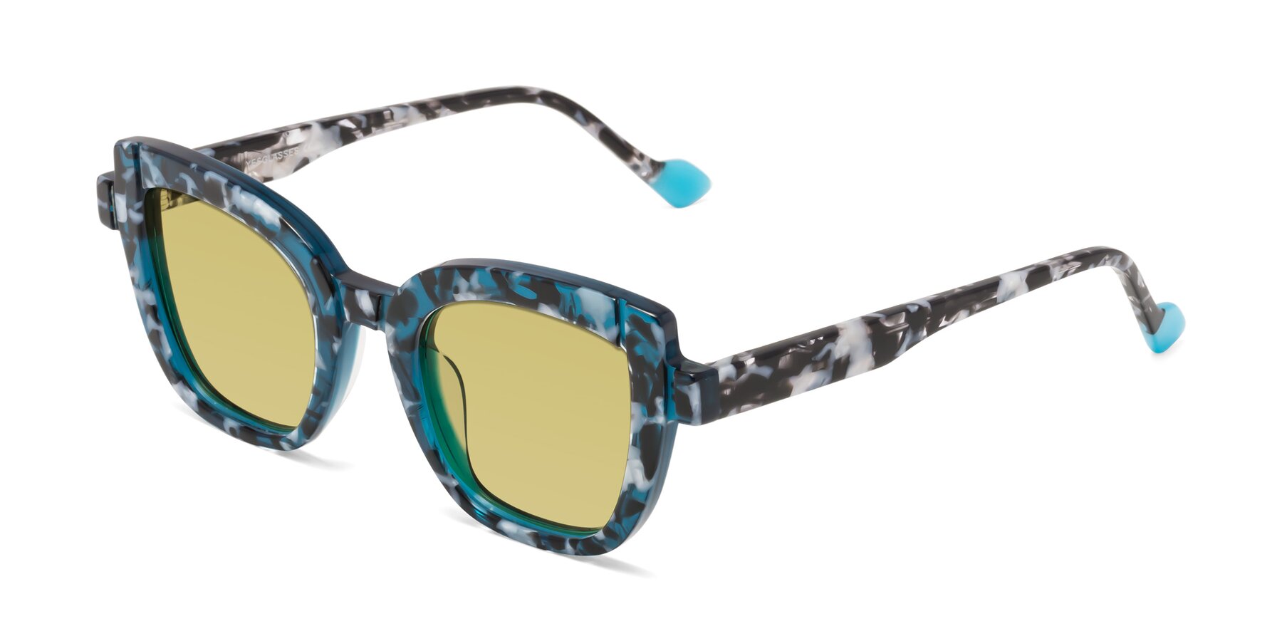 Angle of Sato in Tortoise Blue with Medium Champagne Tinted Lenses