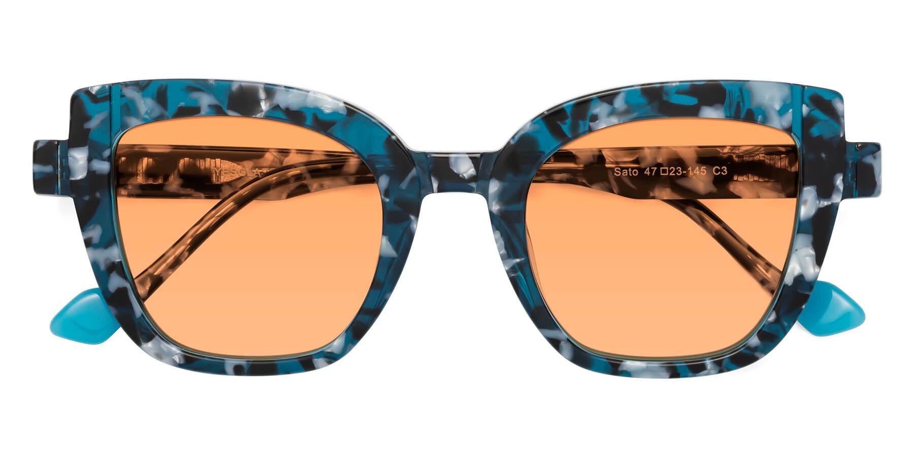 Folded Front of Sato in Tortoise Blue with Medium Orange Tinted Lenses