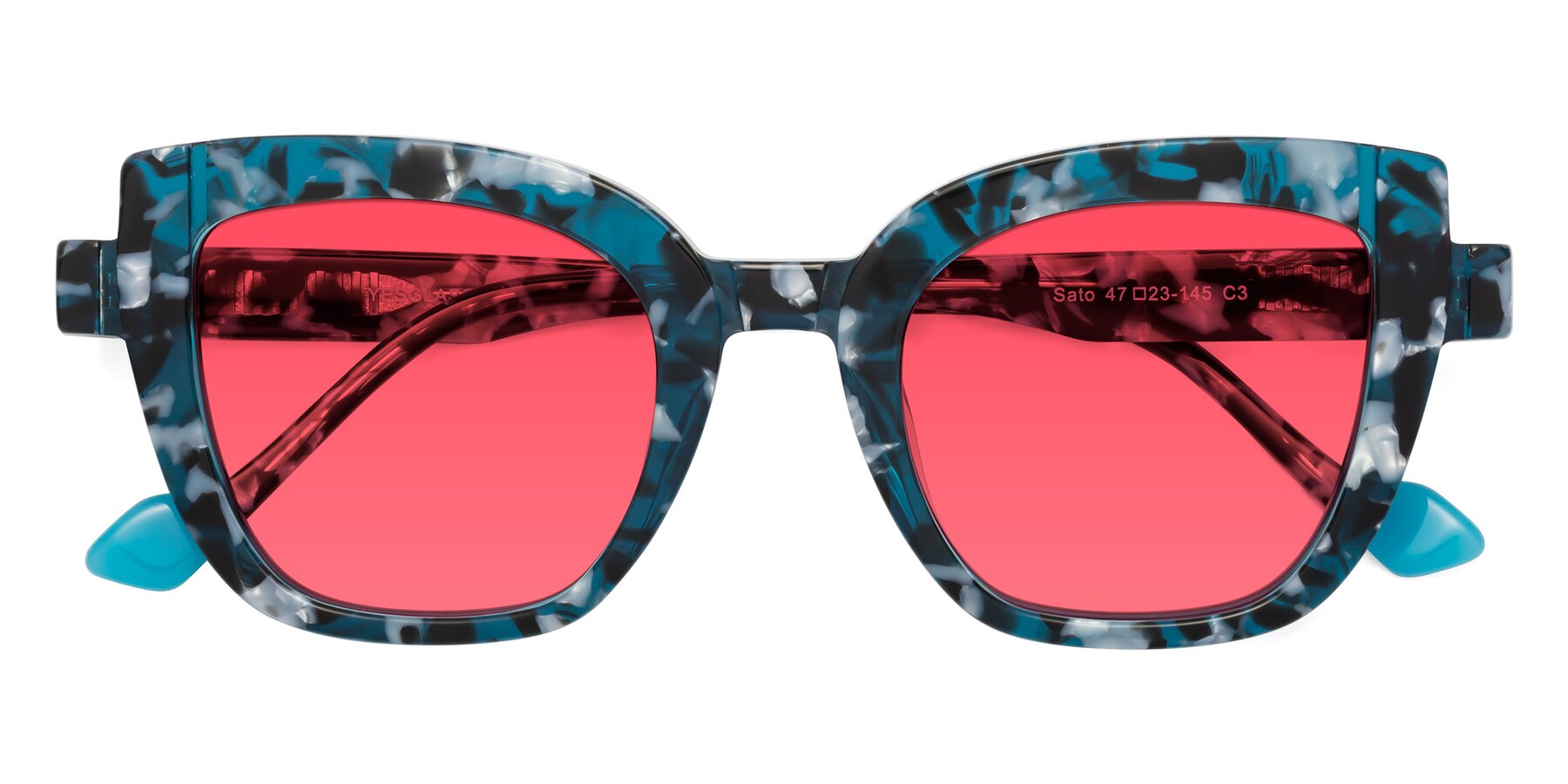 Folded Front of Sato in Tortoise Blue with Red Tinted Lenses