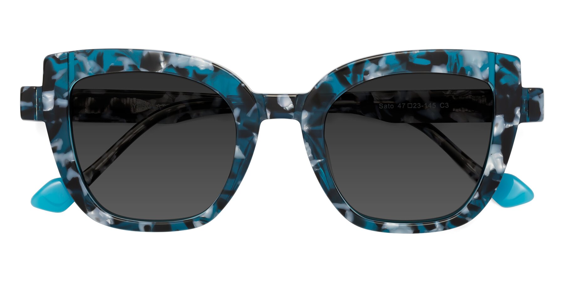 Folded Front of Sato in Tortoise Blue with Gray Tinted Lenses
