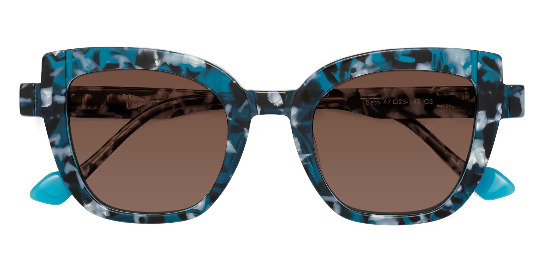 Folded Front of Sato in Tortoise Blue with Brown Tinted Lenses