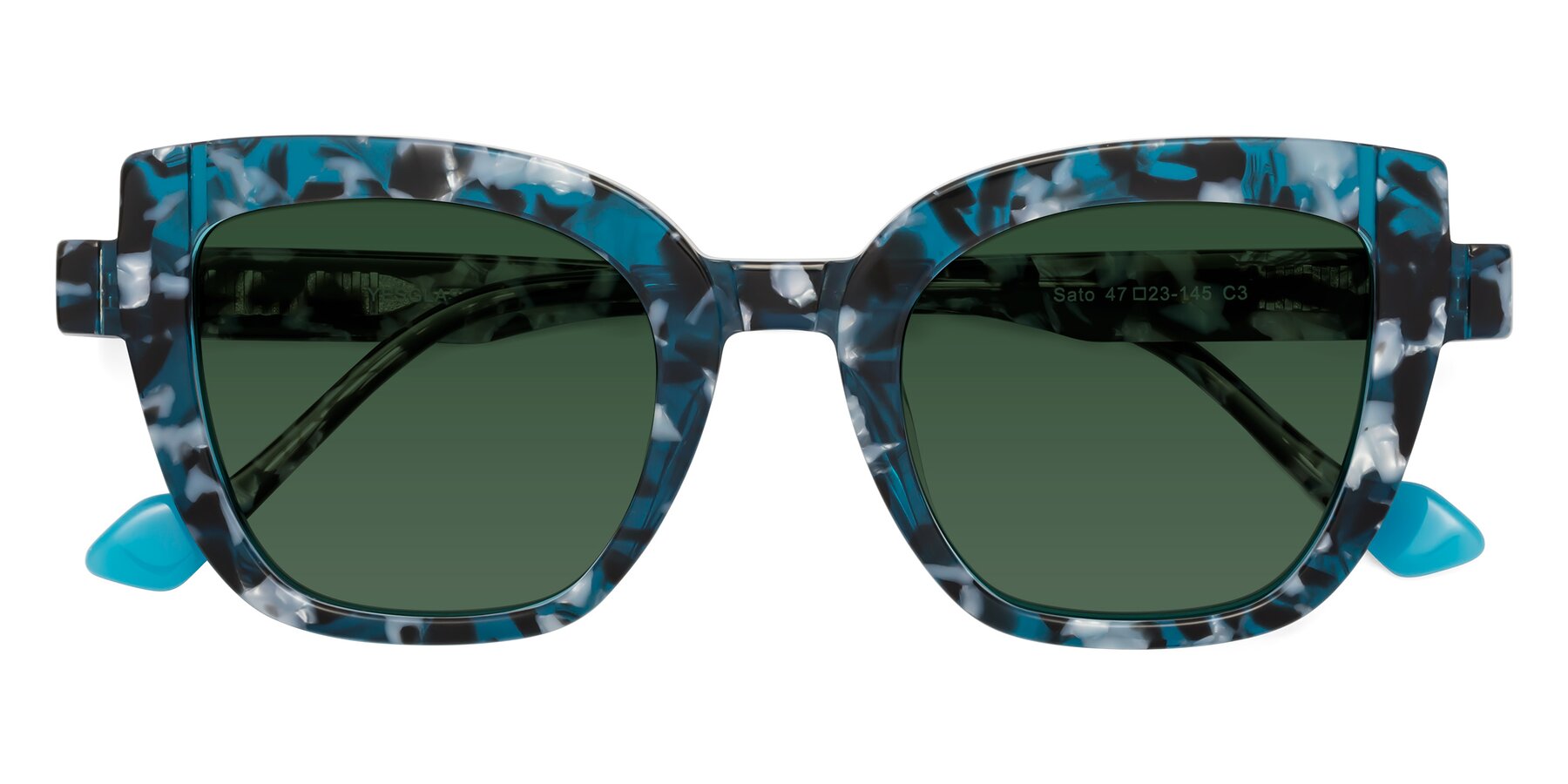 Folded Front of Sato in Tortoise Blue with Green Tinted Lenses