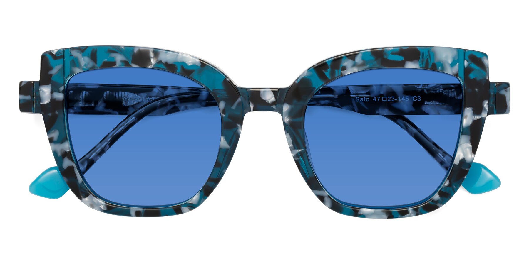 Folded Front of Sato in Tortoise Blue with Blue Tinted Lenses