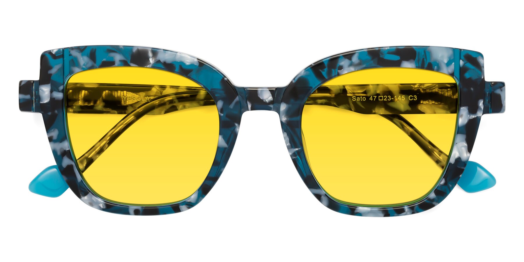 Folded Front of Sato in Tortoise Blue with Yellow Tinted Lenses