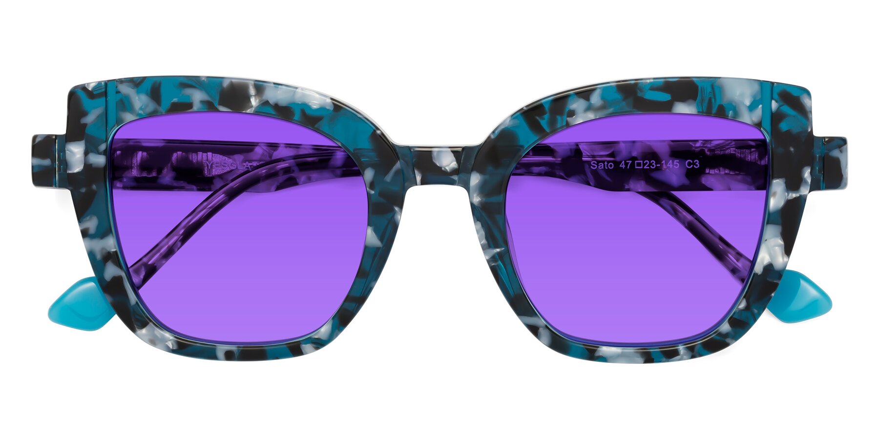 Folded Front of Sato in Tortoise Blue with Purple Tinted Lenses