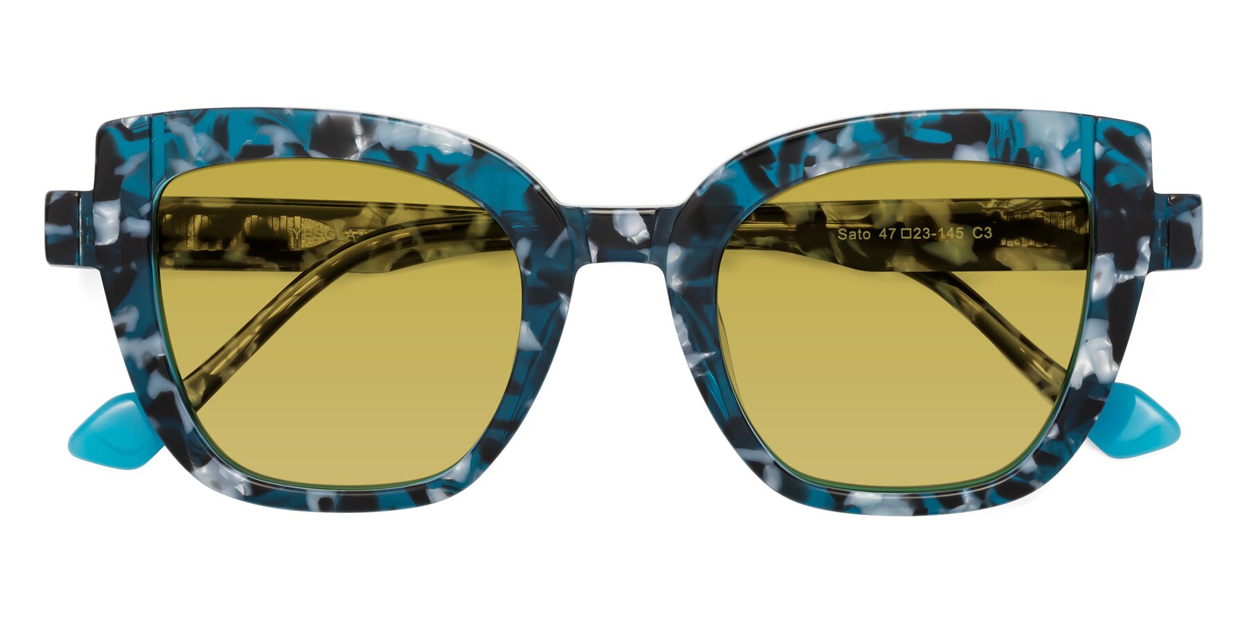 Folded Front of Sato in Tortoise Blue with Champagne Tinted Lenses