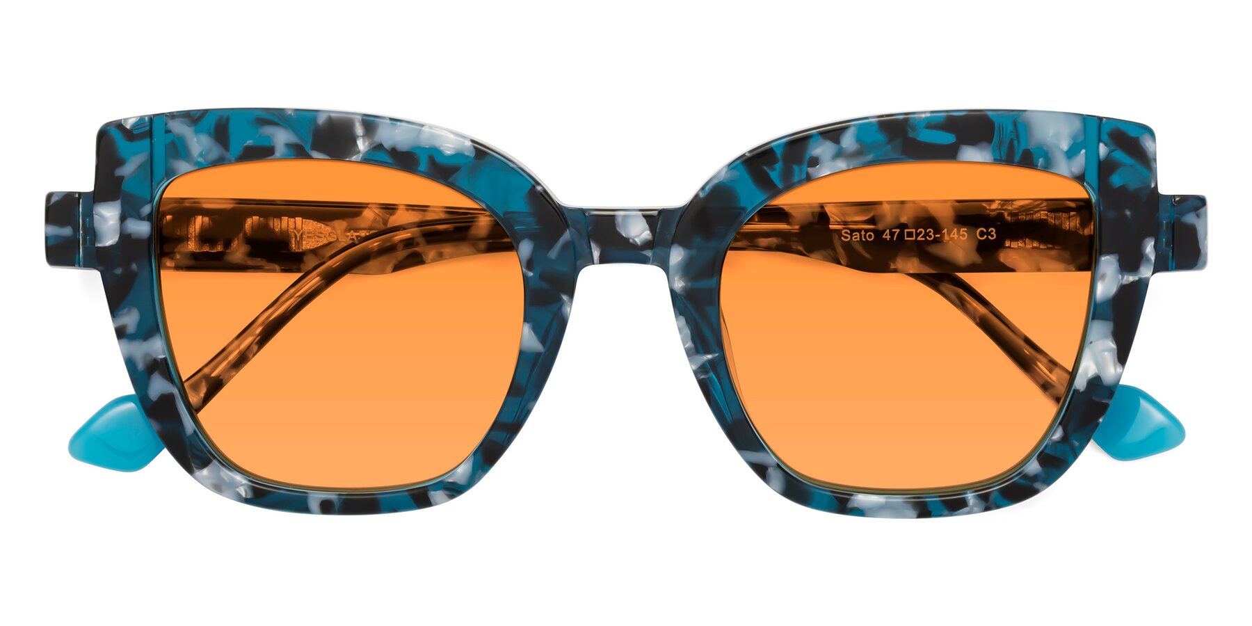Folded Front of Sato in Tortoise Blue with Orange Tinted Lenses