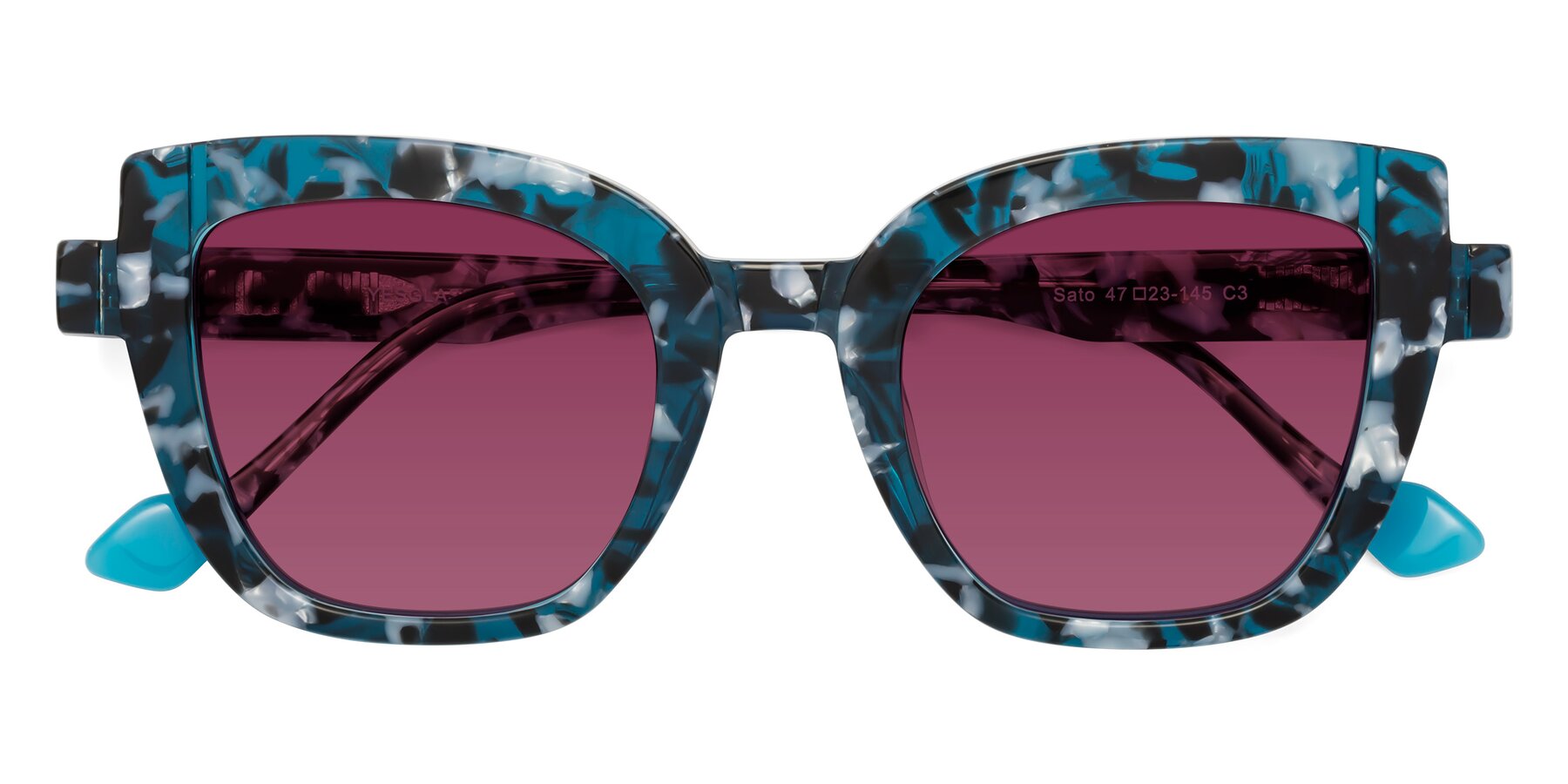 Folded Front of Sato in Tortoise Blue with Wine Tinted Lenses