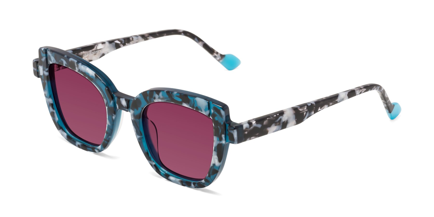 Angle of Sato in Tortoise Blue with Wine Tinted Lenses