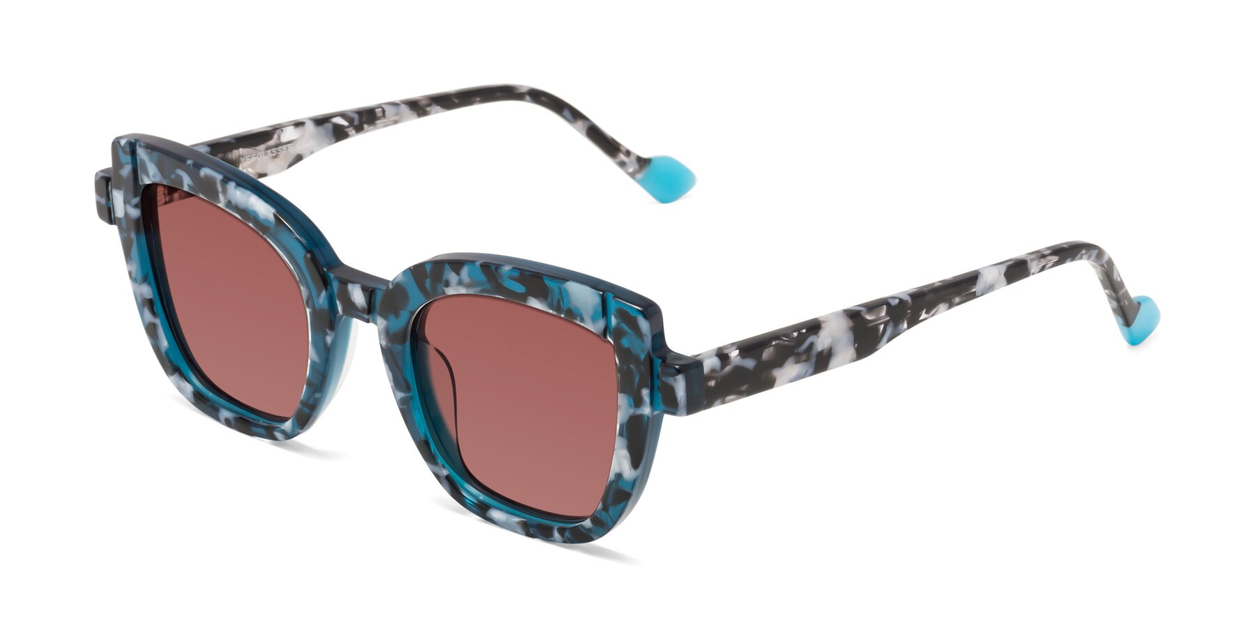 Angle of Sato in Tortoise Blue with Garnet Tinted Lenses