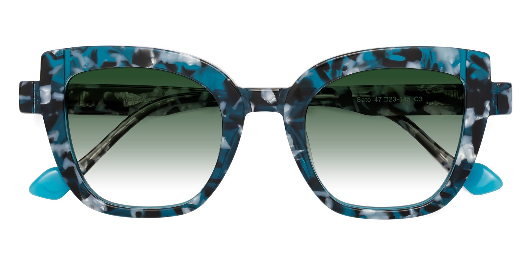 Folded Front of Sato in Tortoise Blue with Green Gradient Lenses