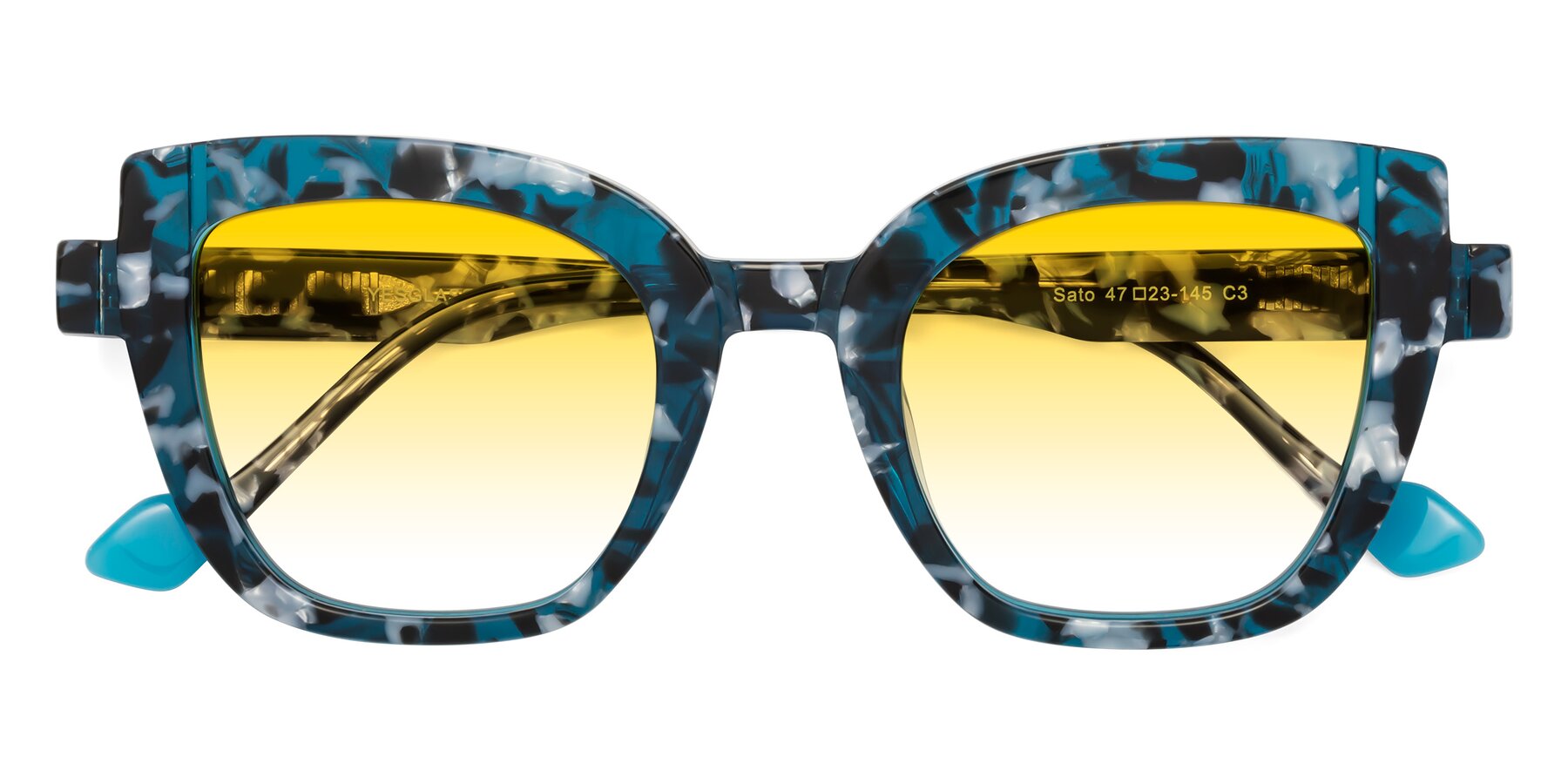 Folded Front of Sato in Tortoise Blue with Yellow Gradient Lenses