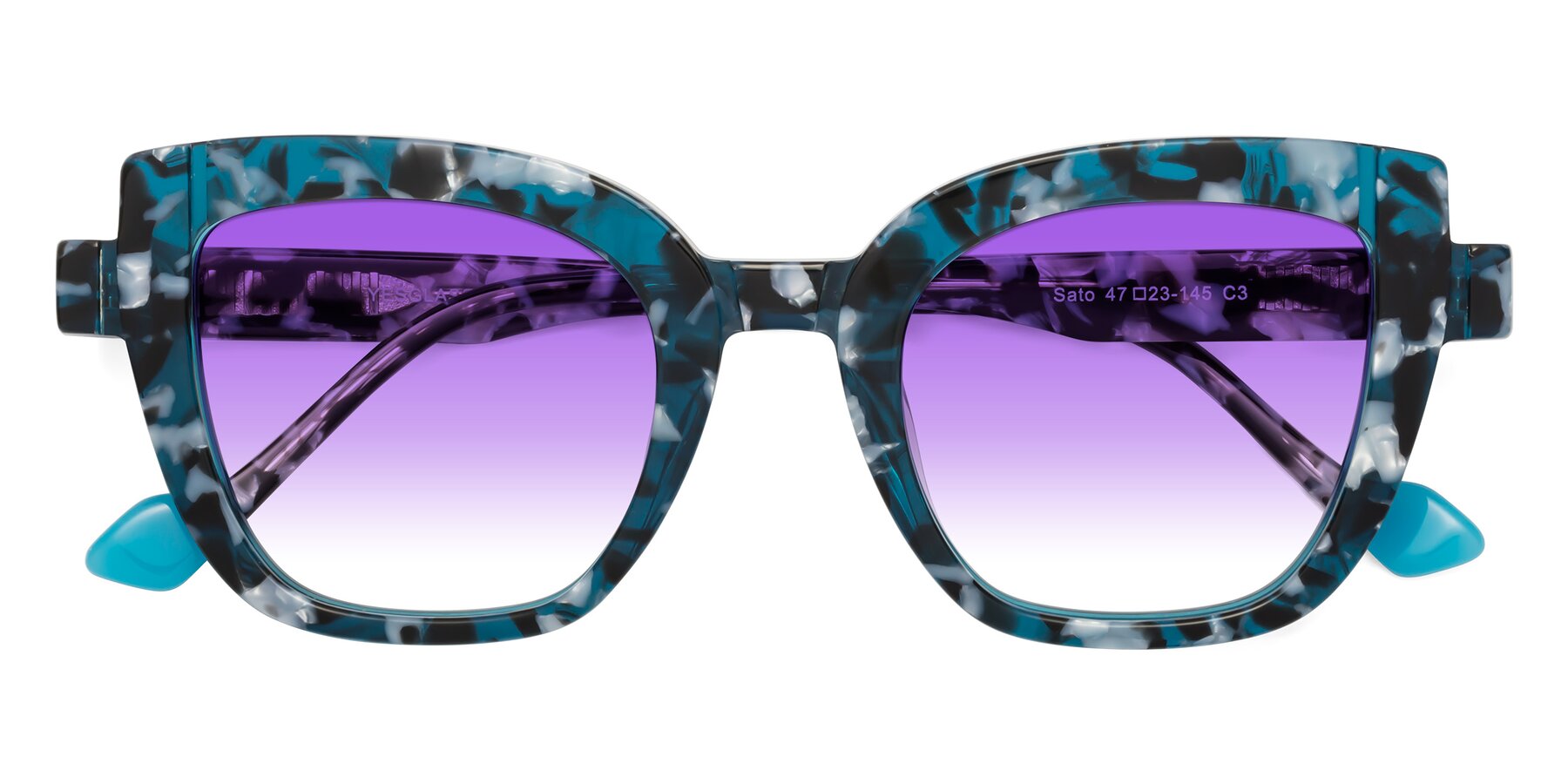Folded Front of Sato in Tortoise Blue with Purple Gradient Lenses