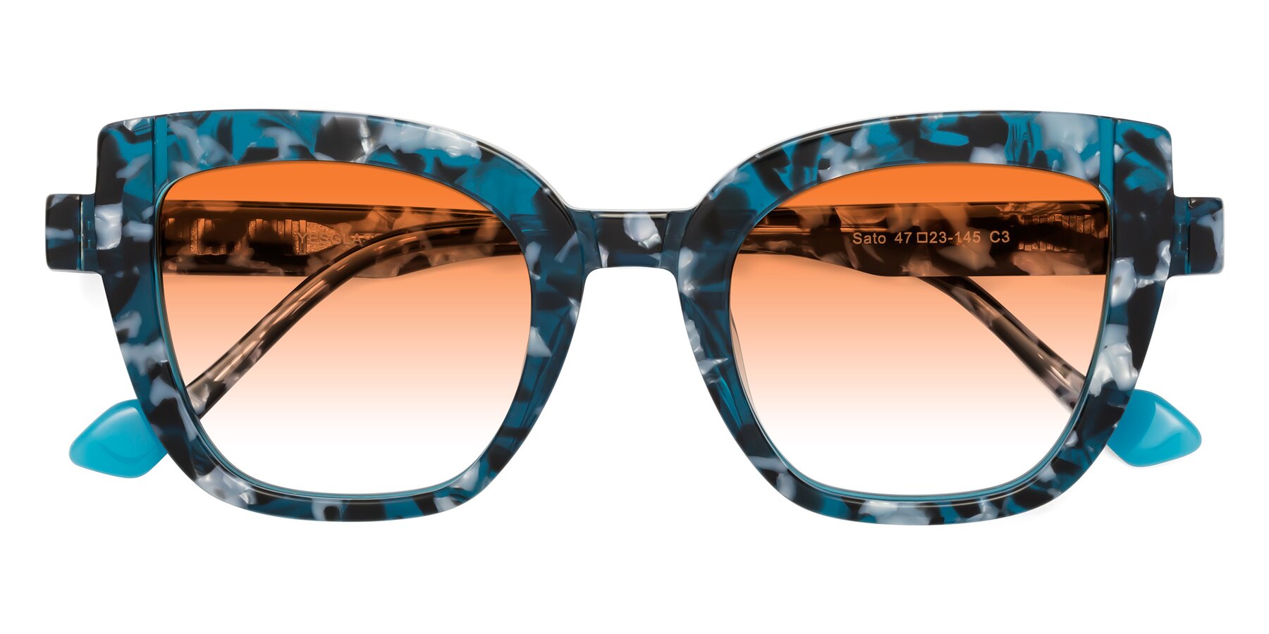 Folded Front of Sato in Tortoise Blue with Orange Gradient Lenses