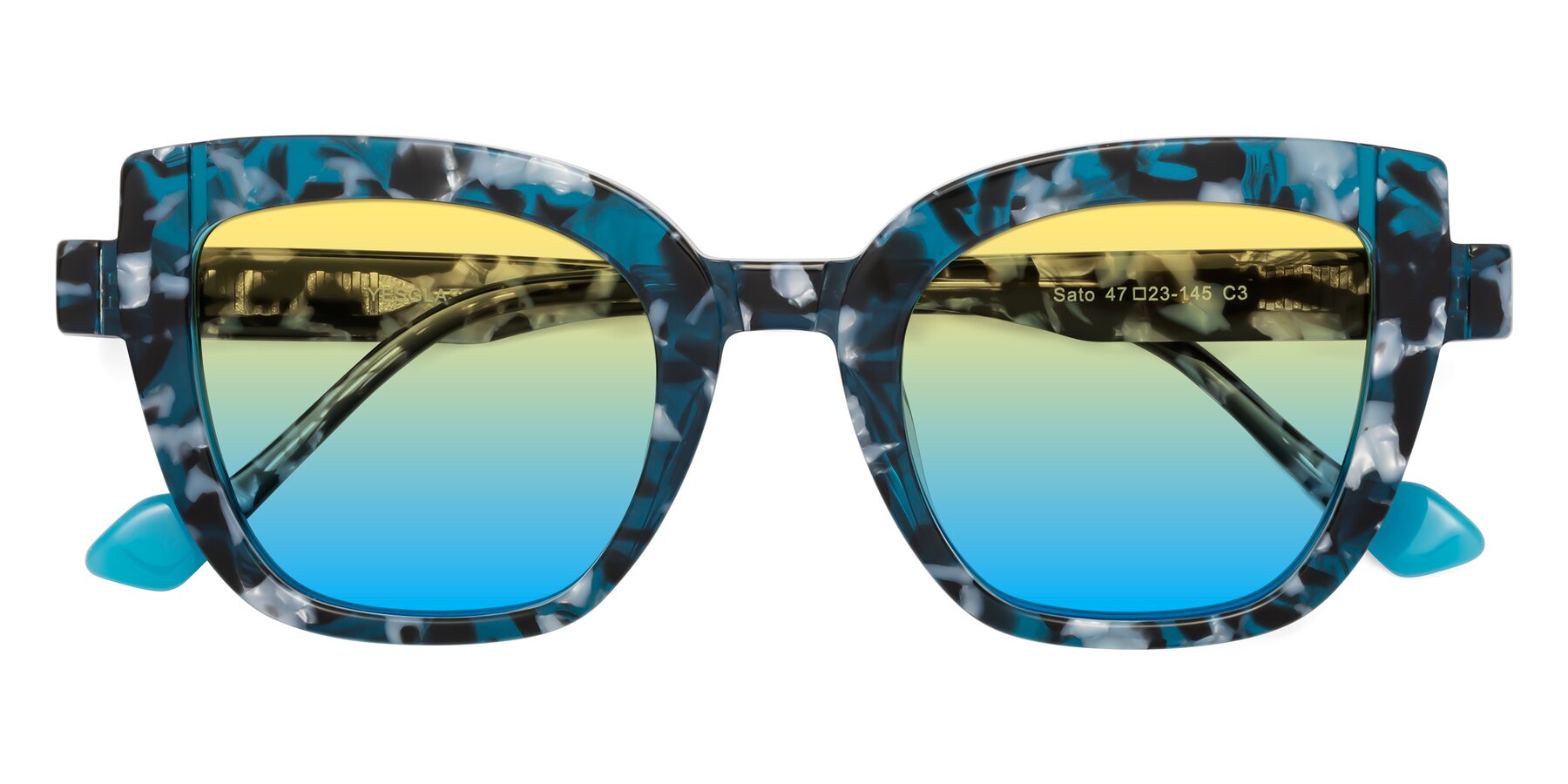 Folded Front of Sato in Tortoise Blue with Yellow / Blue Gradient Lenses