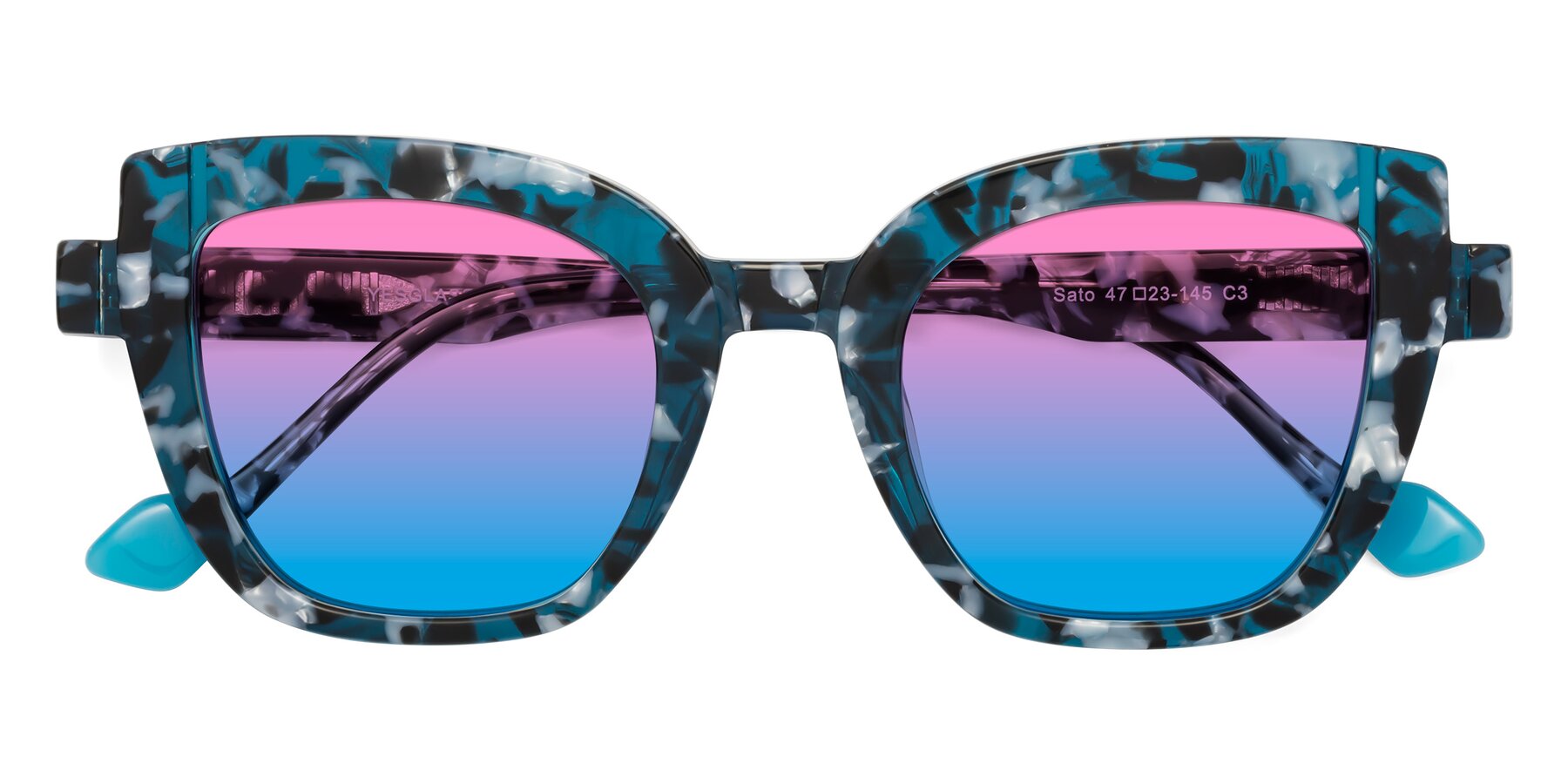 Folded Front of Sato in Tortoise Blue with Pink / Blue Gradient Lenses