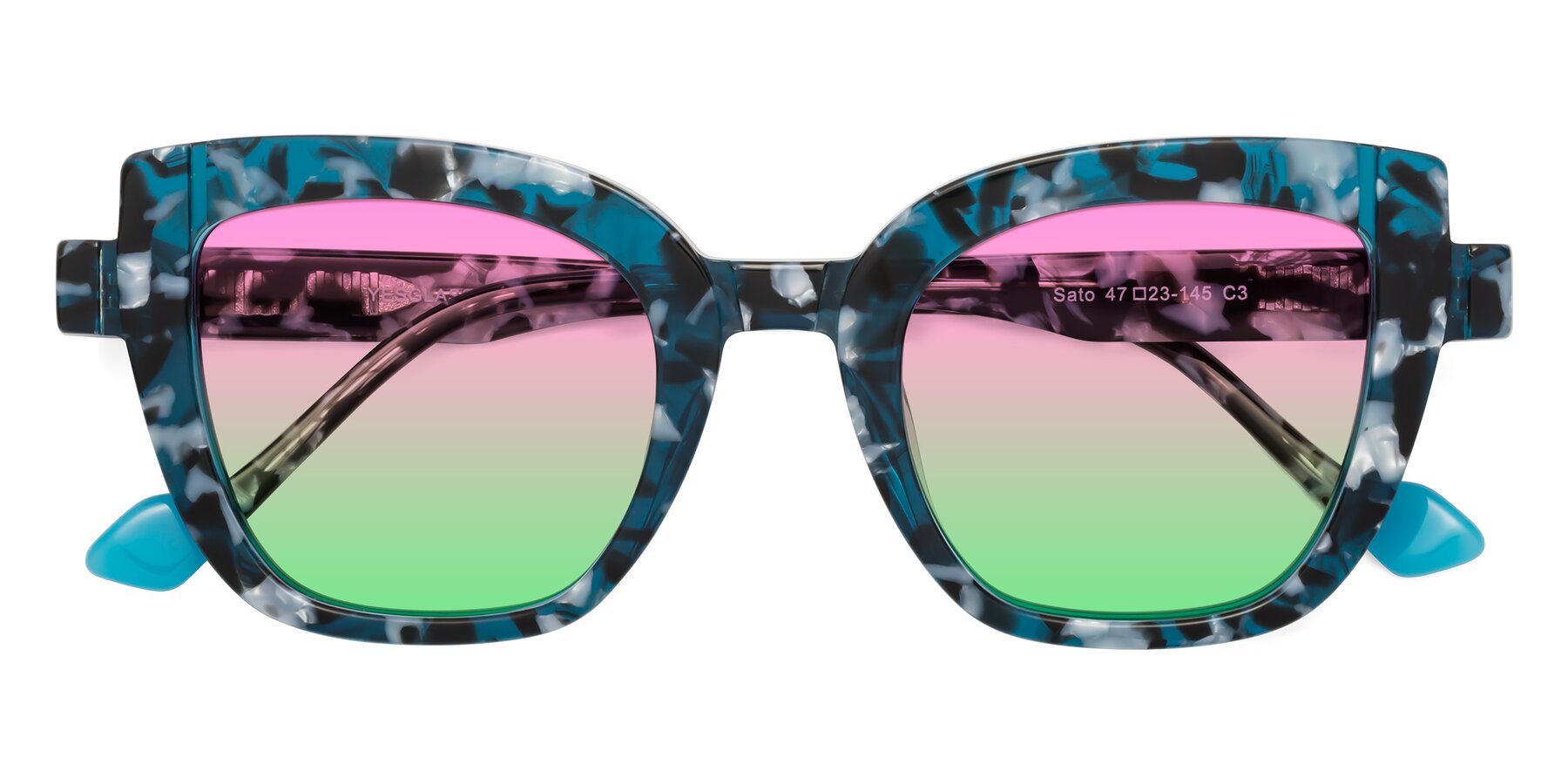 Folded Front of Sato in Tortoise Blue with Pink / Green Gradient Lenses