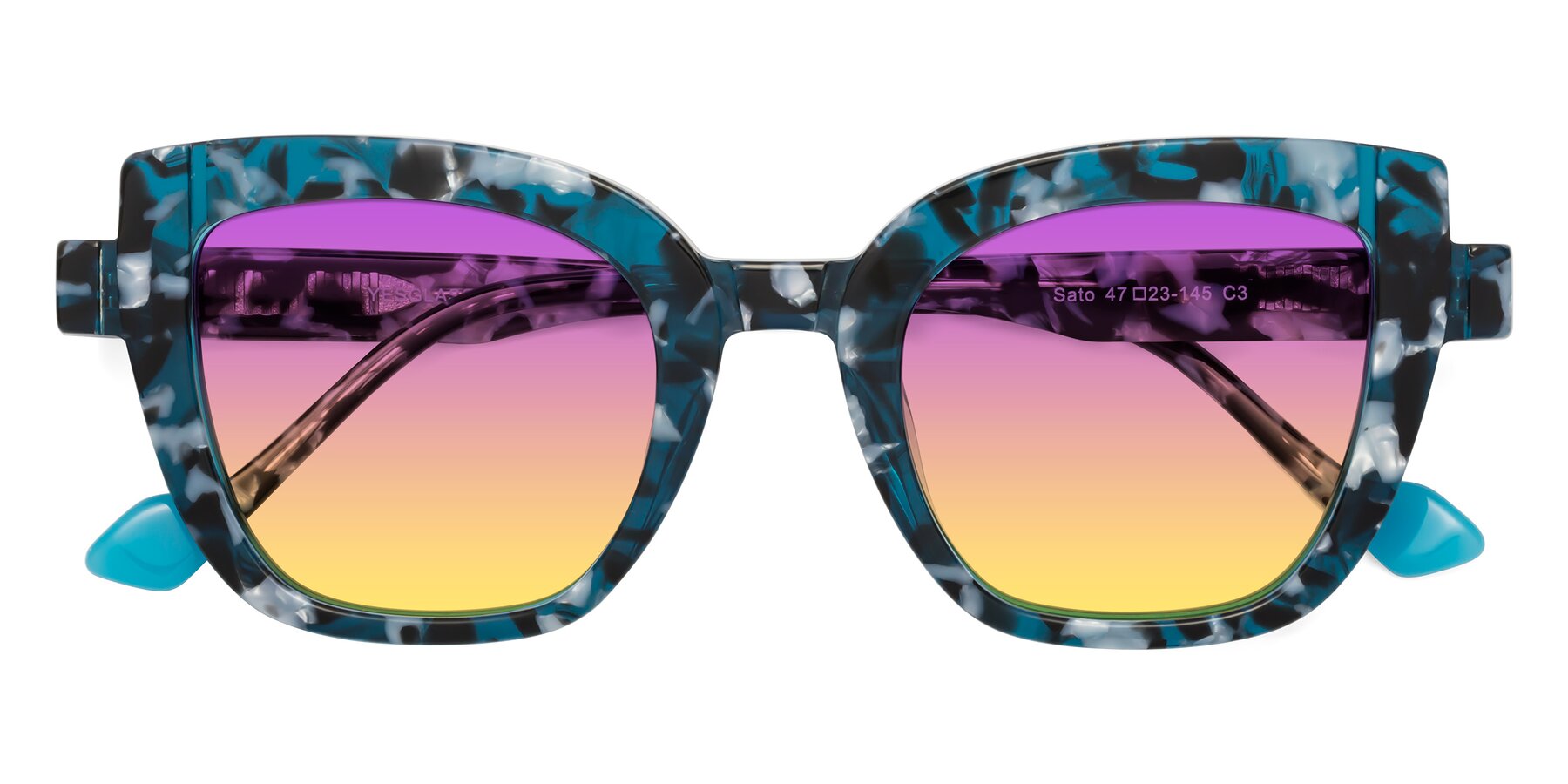 Folded Front of Sato in Tortoise Blue with Purple / Yellow Gradient Lenses