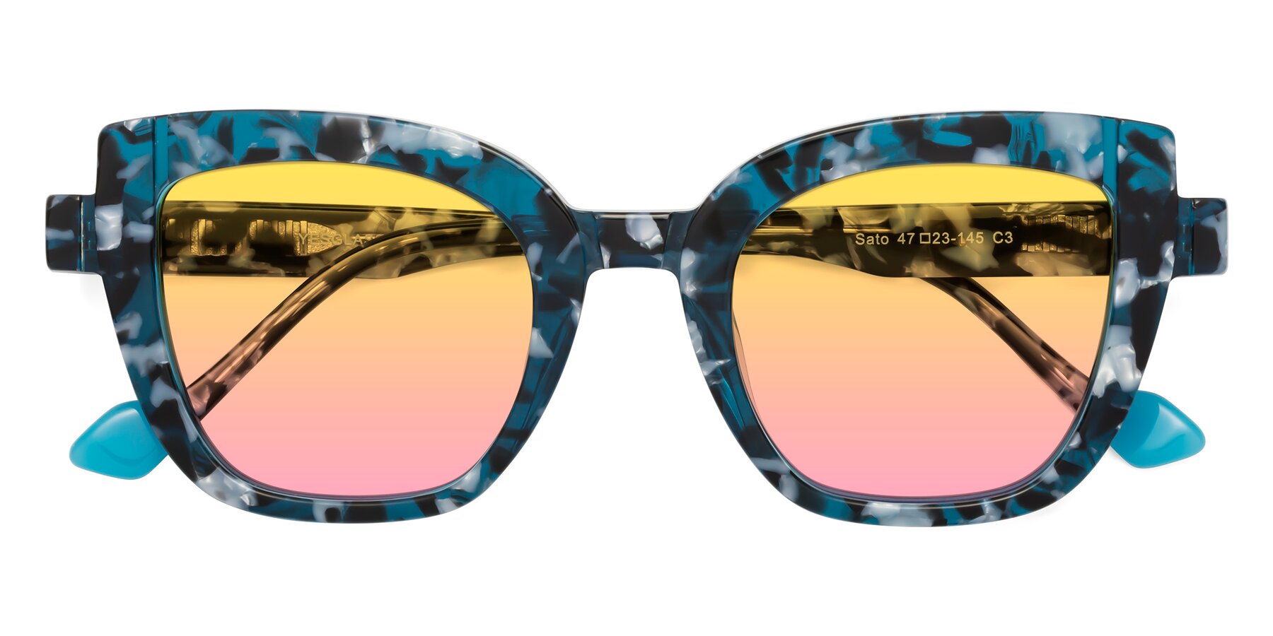 Folded Front of Sato in Tortoise Blue with Yellow / Pink Gradient Lenses