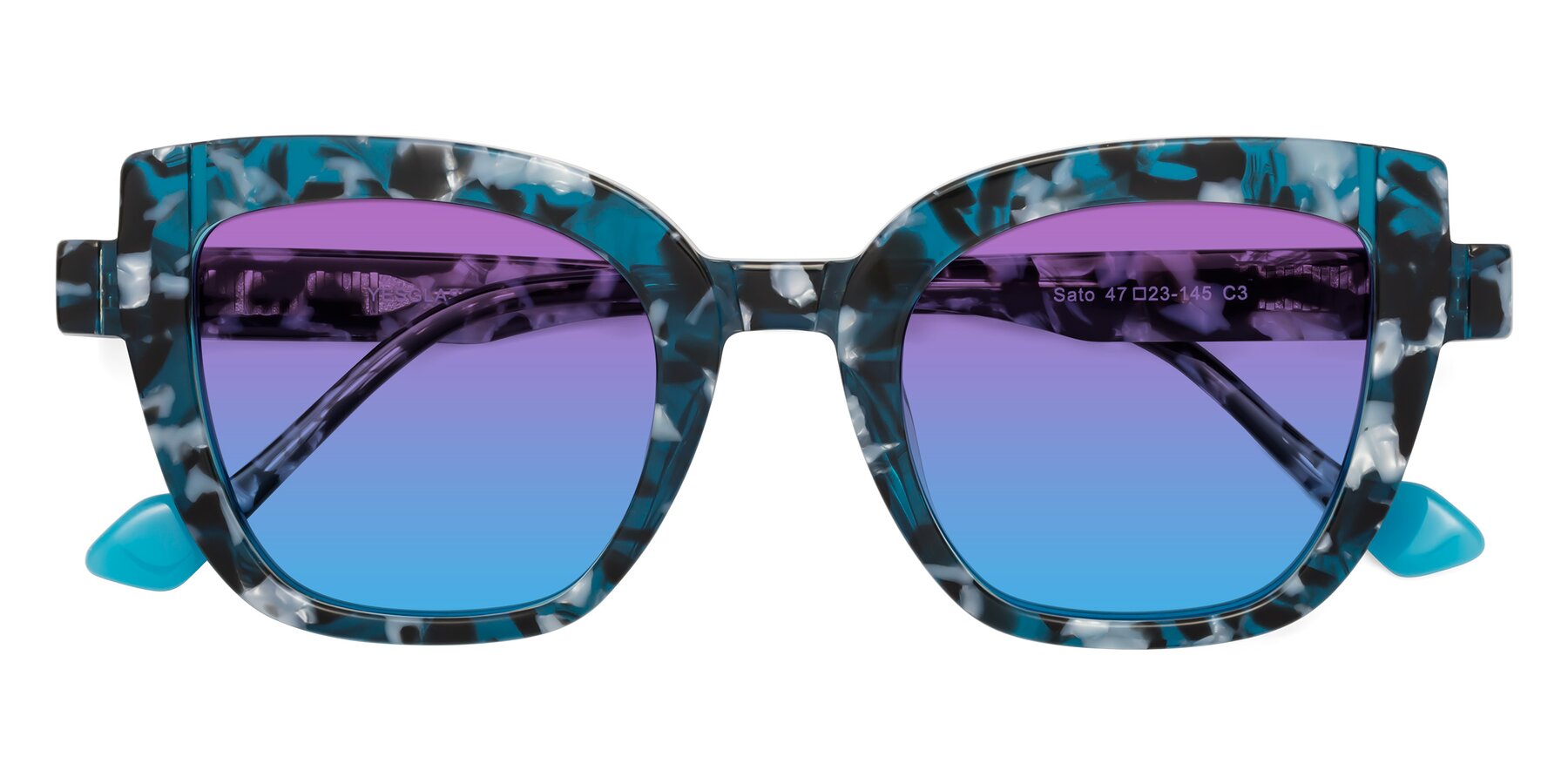 Folded Front of Sato in Tortoise Blue with Purple / Blue Gradient Lenses