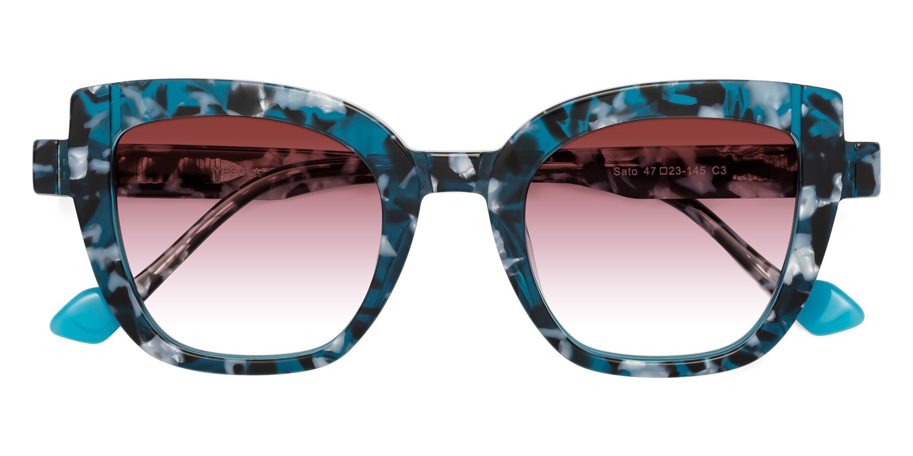 Folded Front of Sato in Tortoise Blue with Garnet Gradient Lenses